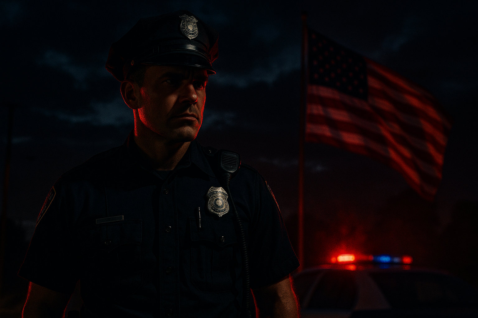 Law Enforcement Officer on a scene, dark but bold with an American Flag in the bakground